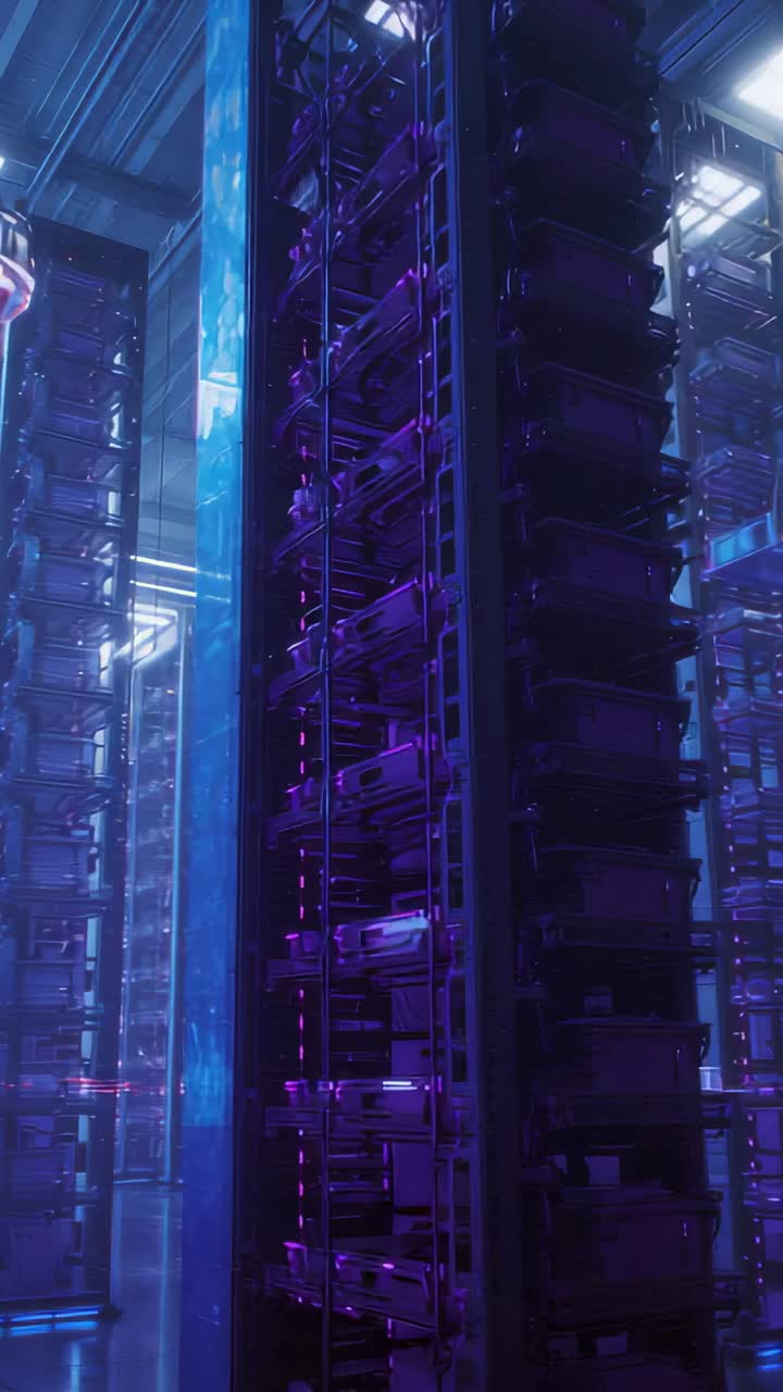 Vertical video: Starting tilt, camera revealing central server rack in datacenter, showing racks