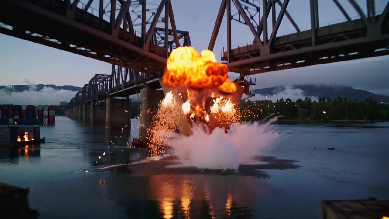 Detonazione di una carica a un molo di cemento per la demolizione sul fiume, che causa una palla di fuoco, chiatte in fiamme.