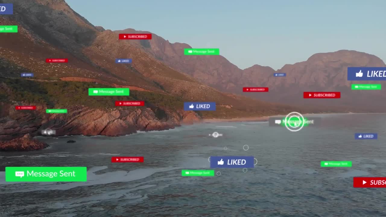 소셜 미디어 아이콘의 애니메이션과 바위 해안과 바다 풍경