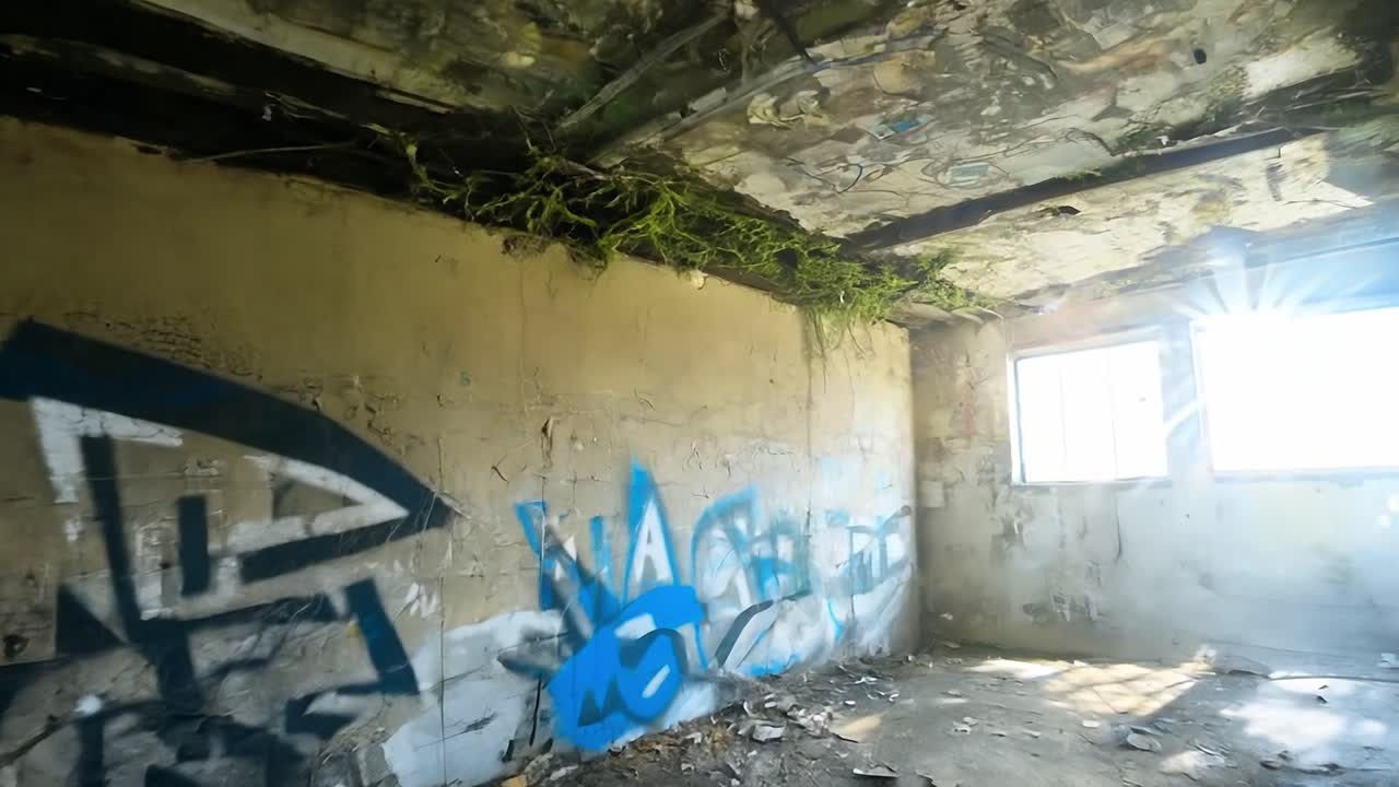 Un edificio abbandonato con graffiti e piante coperte