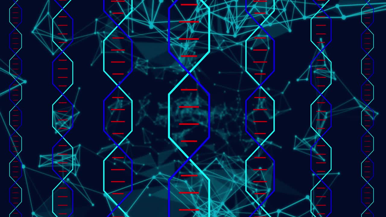 Animation of moving shapes and dna strands on black background