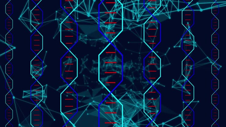 Animation of moving shapes and dna strands on black background