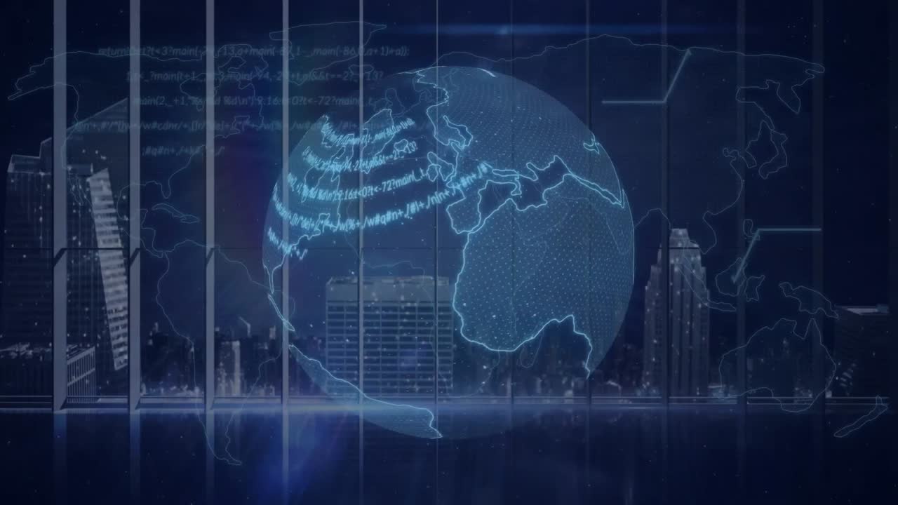 밤에 도시 풍경 위의 지구와 데이터 처리의 애니메이션