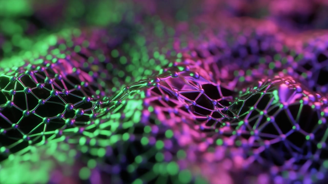 Abstract Digital Mesh Surface with Neon Green and Purple Lighting