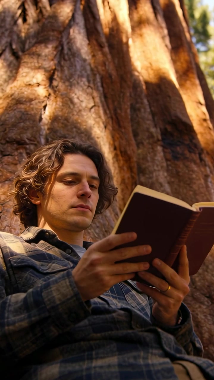 Video verticale: Uomo che legge, sposta il libro e gira pagina per continuare a leggere sotto un albero, con camicia a quadri.