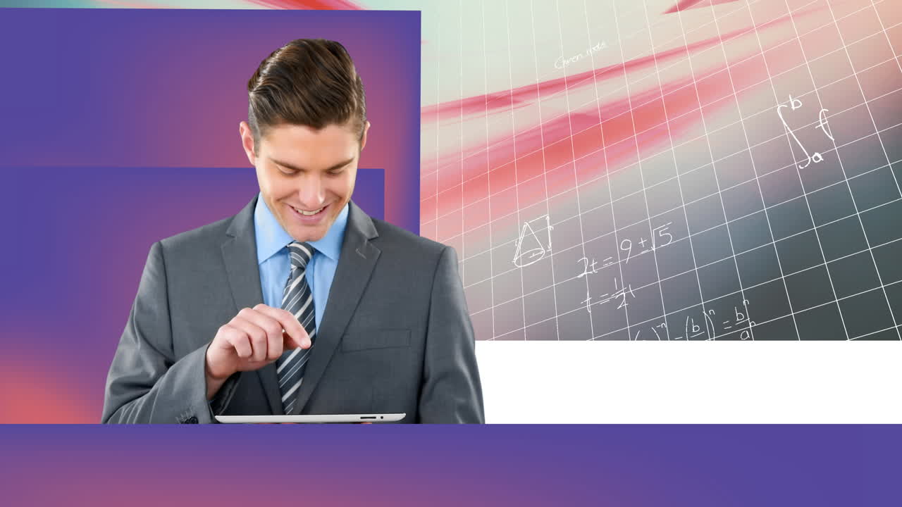 hombre de negocios caucásico usando la tableta de diigtal contra ecuaciones matemáticas contra un fondo púrpura