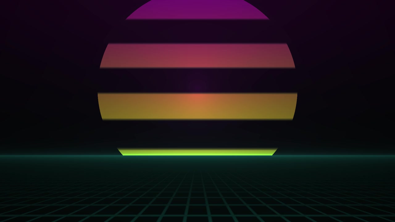 Loop di sole e orizzonte a griglia in stile retro synthwave
