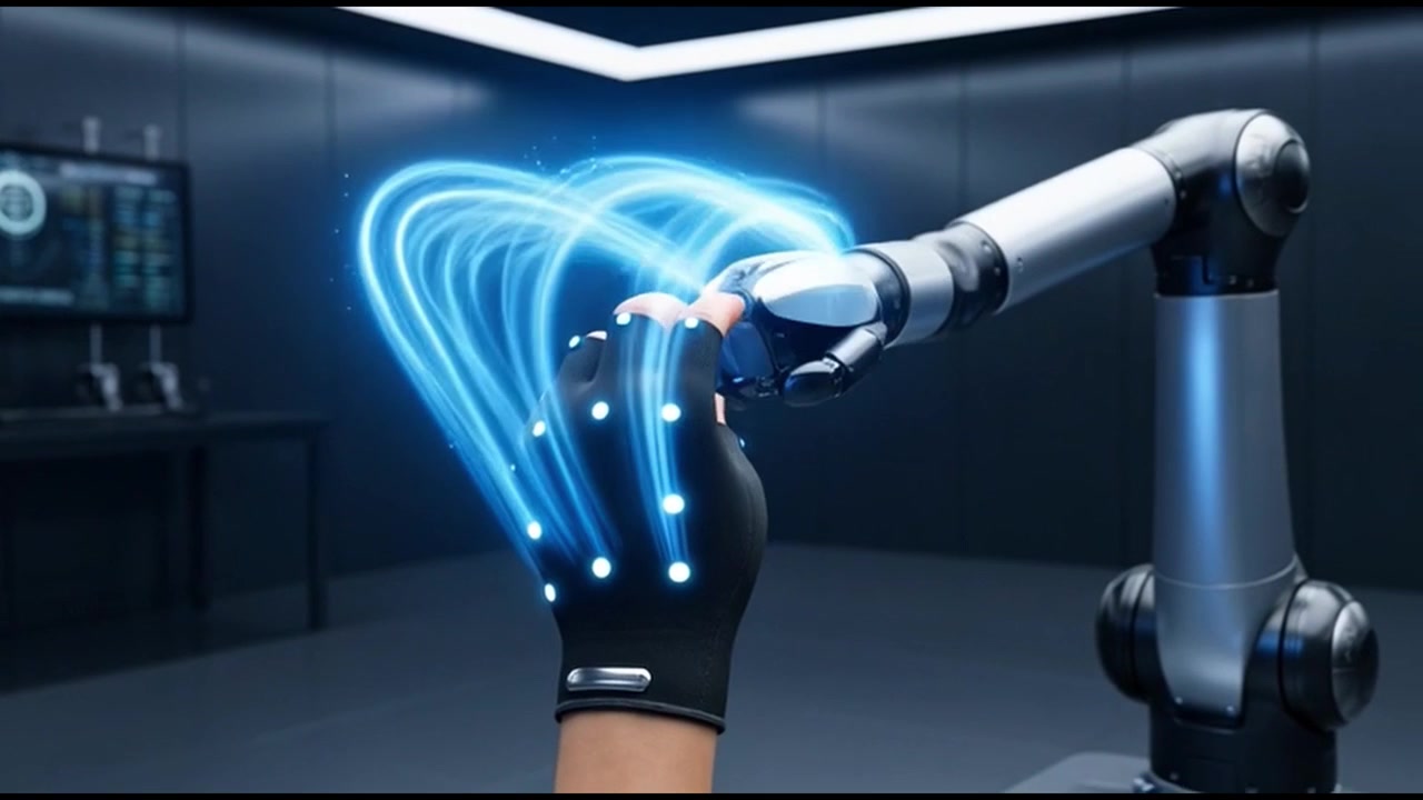 Futuristic Haptic Glove Controls Robotic Arm in a Tech Lab