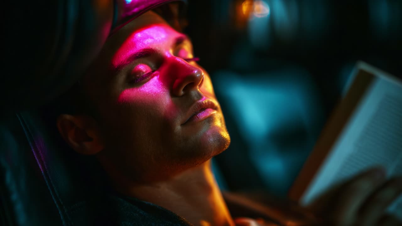 A serene moment captured in a vibrant atmosphere as a young man relaxes with a book, enveloped in soft, colorful lighting that creates a dreamlike ambiance, inviting a sense of calm and contemplation