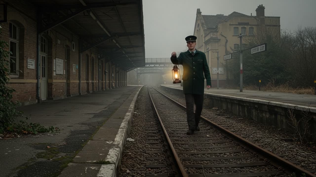 A Train Conductor Holding a Lantern on a Foggy Railway Platform: A Journey Through Time in an Abandoned Train Station Atmosphere