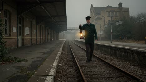 a train conductor holding a lantern on a foggy railway platform: a journey through time in an abandoned train station atmosphere