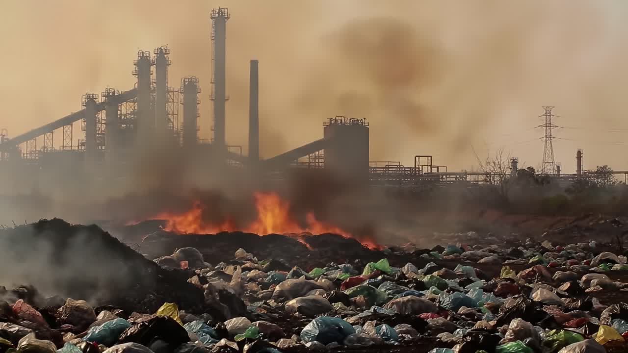 Desolate Landscape: Industrial Pollution and Waste Pile Burning Amidst Smoky Skies and Urban Infrastructure Highlighting Environmental Challenges