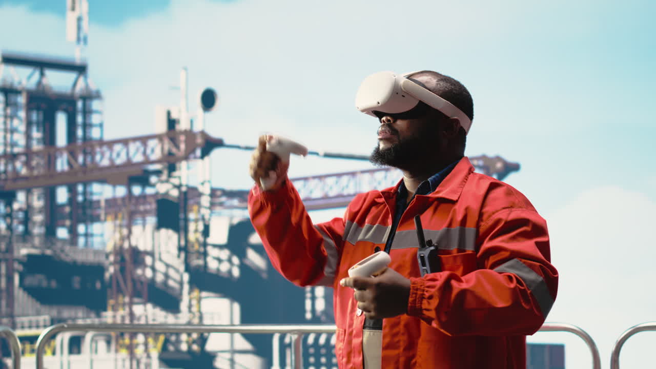 Vertical video Offshore platform expert supervising deck operations using virtual reality