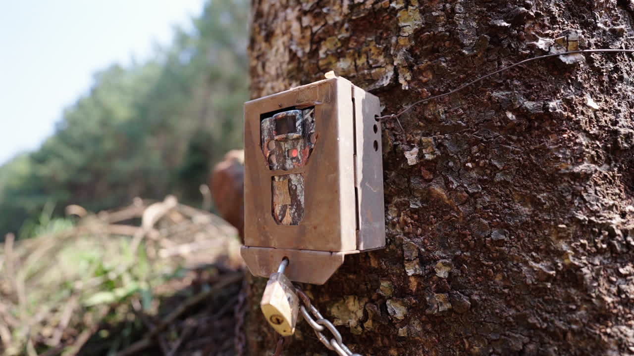 Close view of a camera trap for birds and animals on a tree.