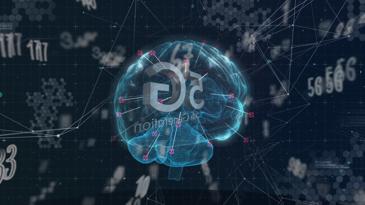 animación de texto 5g, números cambiando sobre el cerebro humano brillante en el fondo