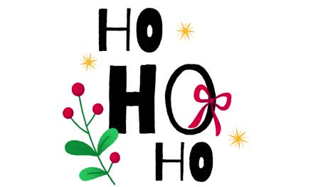 animación del texto ho ho ho con decoraciones navideñas sobre fondo blanco