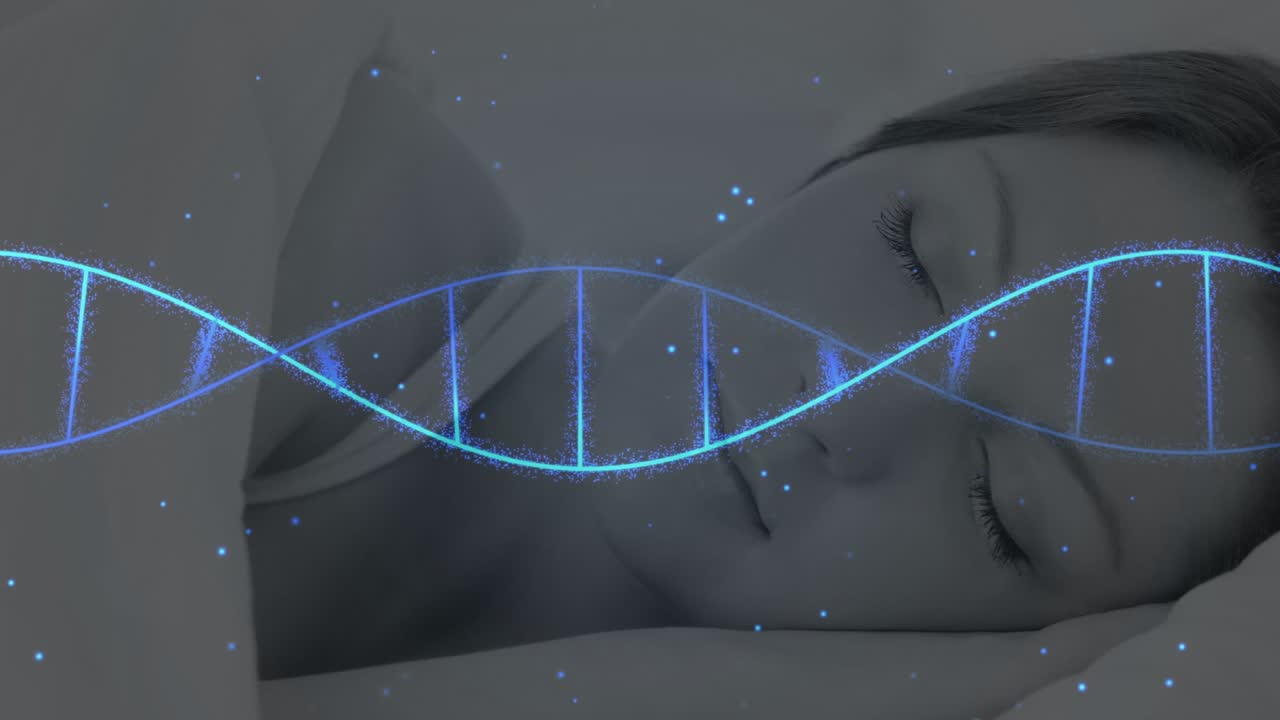 光る青色のDNAヘリックスが眠っている女性に入り込み、漂う様子で、健康状態のモニタリングを示しています。