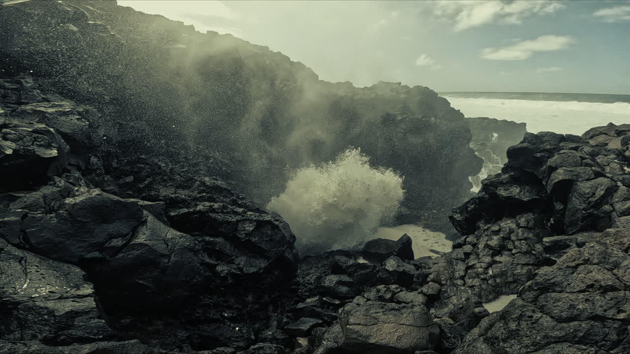 Powerful Waves Crashing Through Volcanic Rock Blowhole
