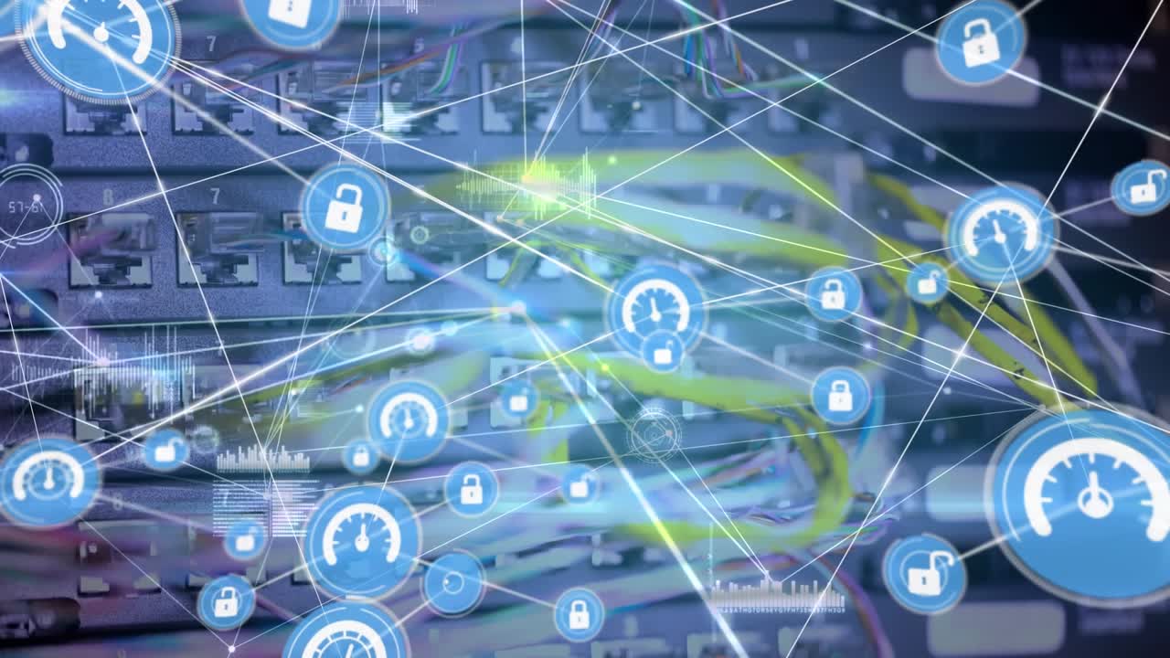 Icone digitali e concetto di connessioni globali sui social media in un ambiente di magazzino.