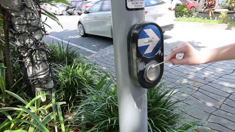 A person collects bacteria samples from a crosswalk button using a petri dish in a sunny urban setting