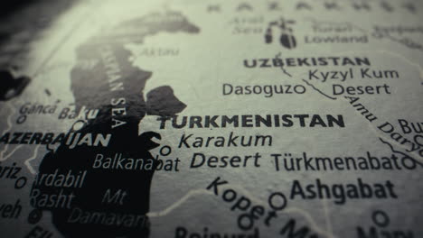 close-up of a world map, centered on turkmenistan