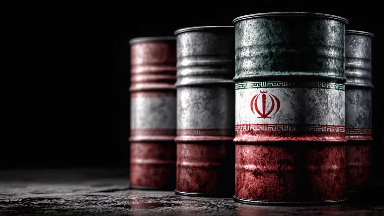 Eine Nahaufnahme-Perspektive von verwitterten Industriefässern, verziert mit einem unverwechselbaren Design, das die Farben der nationalen Identität zeigt, platziert vor einem dunklen Hintergrund