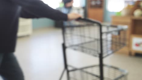 closeup shopper grabbing cart at grocery store during daytime in minnesota, usa.
