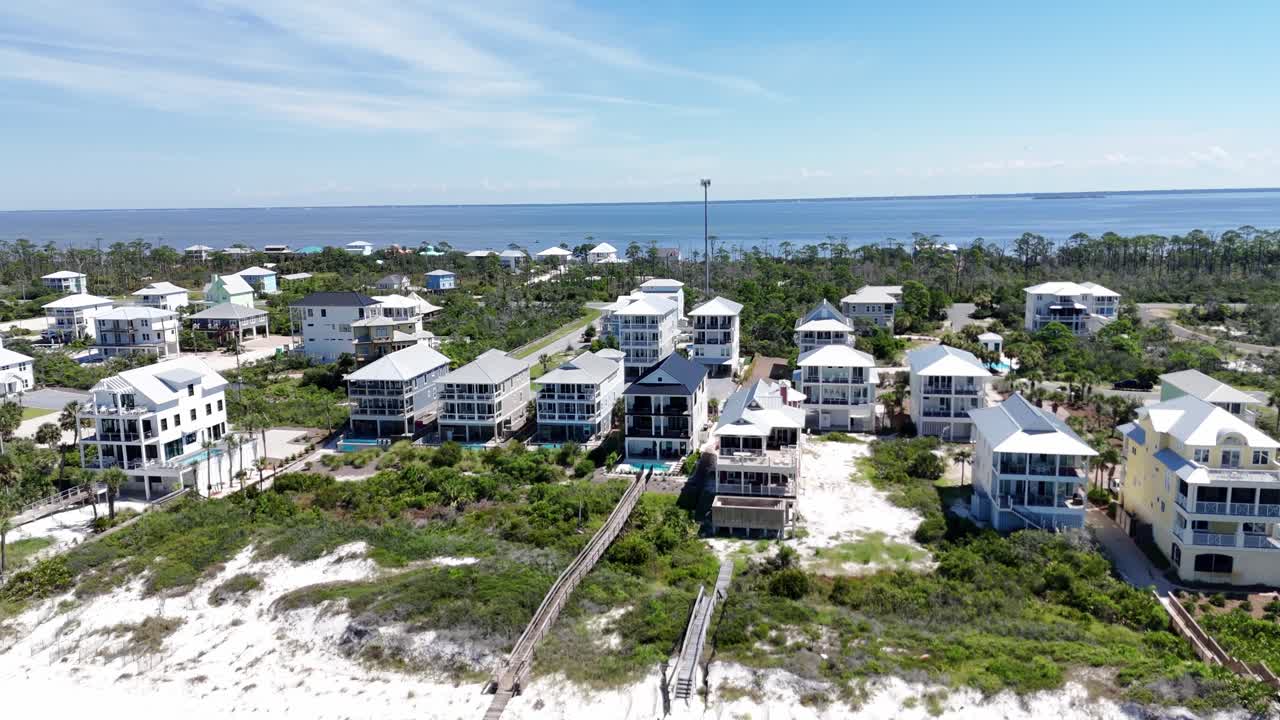 Aerial perspective of residential modern coastal real estates along sandy shoreline, Cape San Blas, Gulf County, Florida, USA