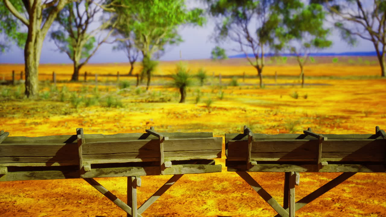 Sunlit landscape with wooden troughs and vibrant yellow plains in australia