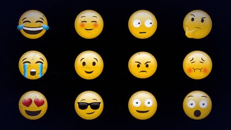 Digitale-Animation-Eines-Netzwerks-Von-Verbindungen-über-Mehrere-Gesichts-Emojis-Vor-Schwarzem-Hintergrund