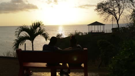 couple in love sitting on a park bench overlooking the ocean in tobago