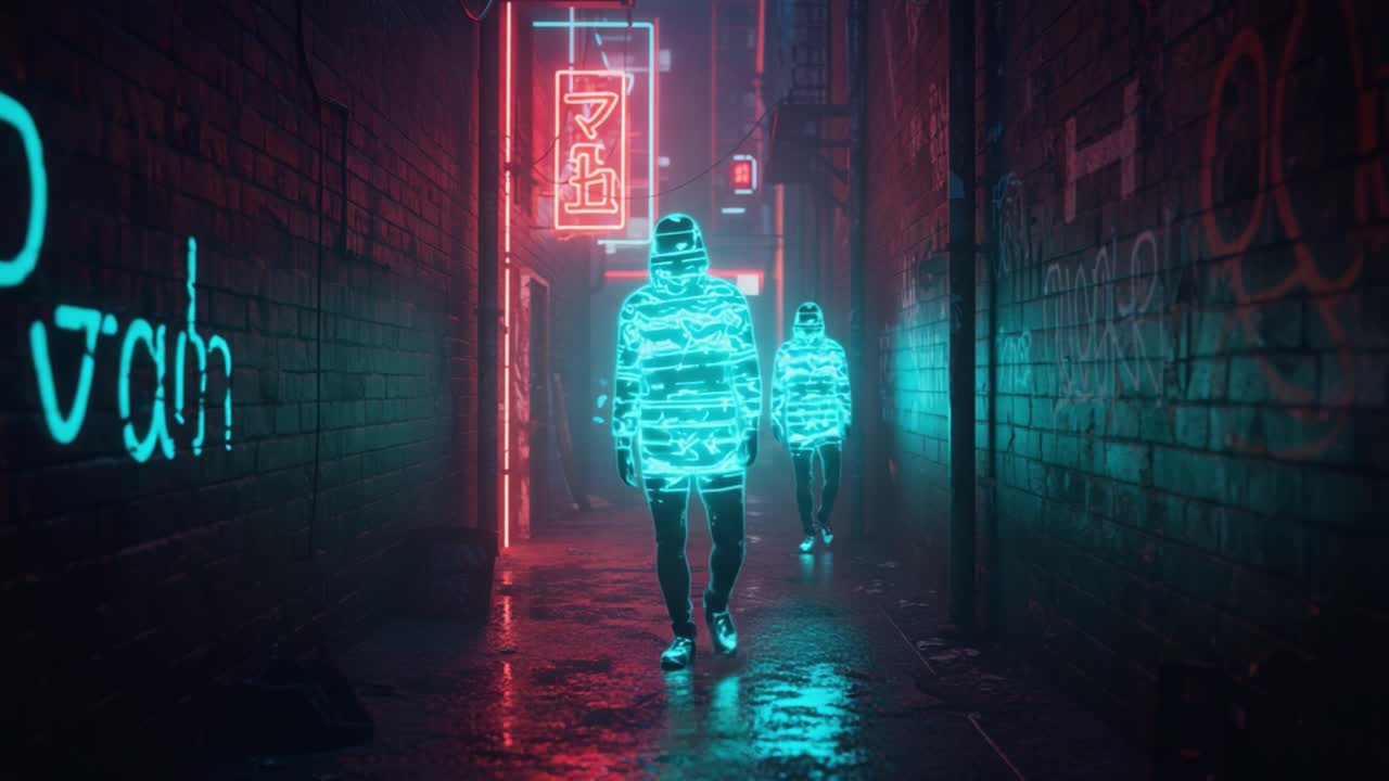 A mesmerizing urban scene depicting glowing figures in futuristic attire walking through a neon-lit alleyway filled with vibrant colors and reflections on wet pavement at night