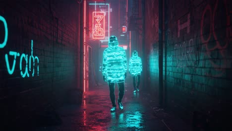 A mesmerizing urban scene depicting glowing figures in futuristic attire walking through a neon-lit alleyway filled with vibrant colors and reflections on wet pavement at night