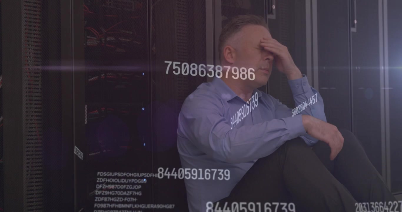 Animation of data processing and digital screens over businessman wearing vr headset