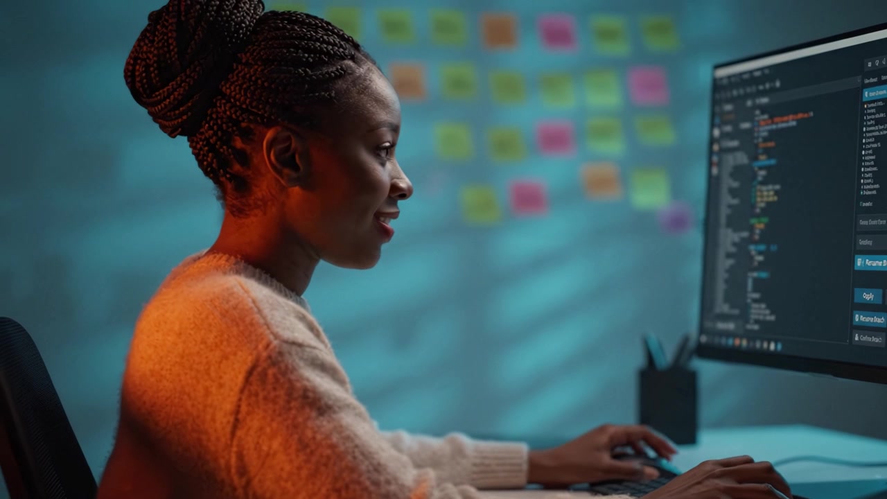 Focused programmer coding on a computer, surrounded by vibrant sticky notes, showcasing creativity and concentration in a modern workspace environment.