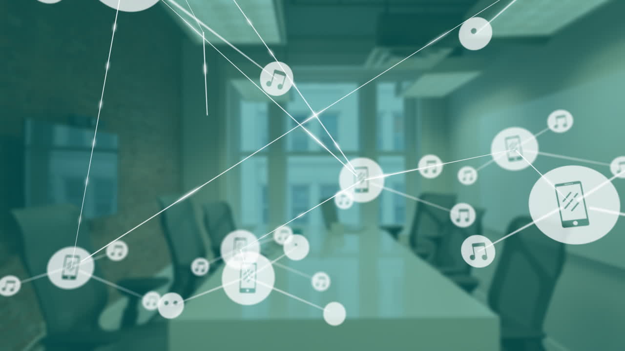 In office, animation of music and smartphone icons floating in conference room