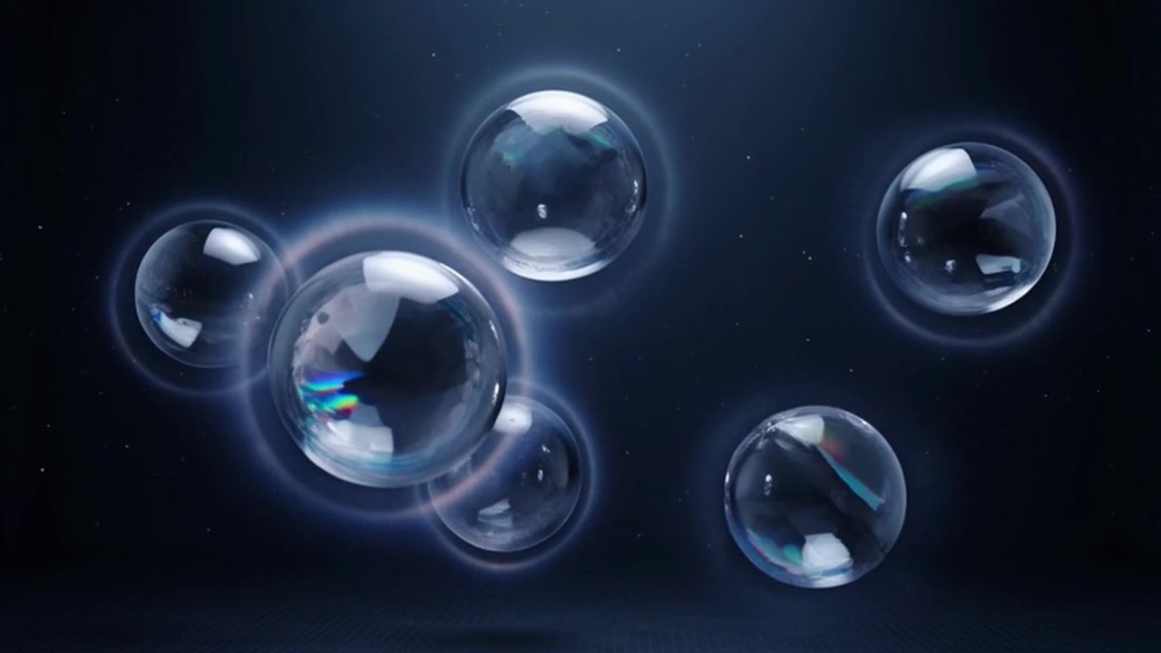 Floating Transparent Spheres Merging in Dark Abstract Space