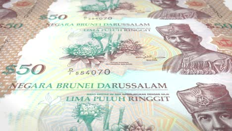 banknotes of fifty ringgits or bruneian dollars of the bank of the sultanate of brunei darussalam rolling on screen, coins of the world, cash money, loop