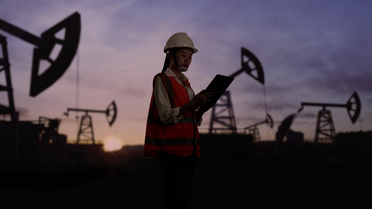vista lateral de una ingeniera asiática con casco de seguridad trabajando en una tableta inspeccionando bombas de petróleo al amanecer en un gran campo petrolífero
