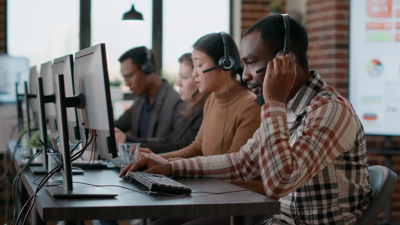 African american man working at call center office