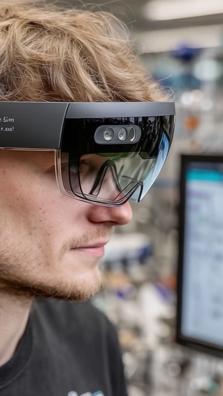 A Close-Up Look at a User Engaging with Advanced Augmented Reality Technology Through Smart Glasses in a Laboratory Setting