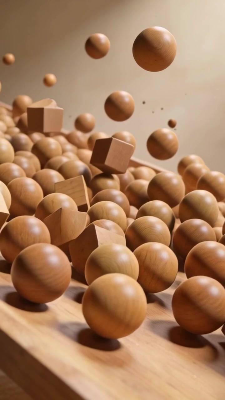 Video verticale: Una scossa fa sollevare e rotolare un mucchio di palline e cubi di legno su una tavola, con una parete liscia sullo sfondo.