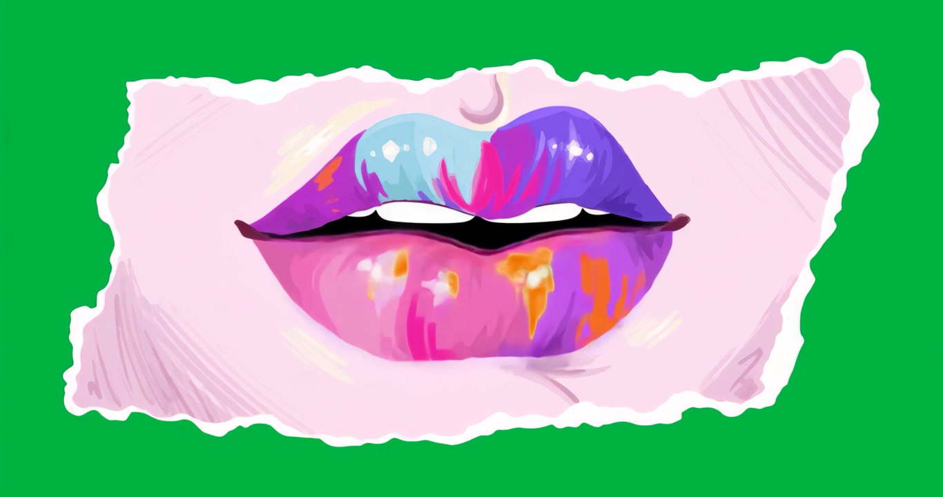 Grafica che mostra labbra che gocciolano arancione su un pannello strappato con bordo turchese e sfondo trasparente.