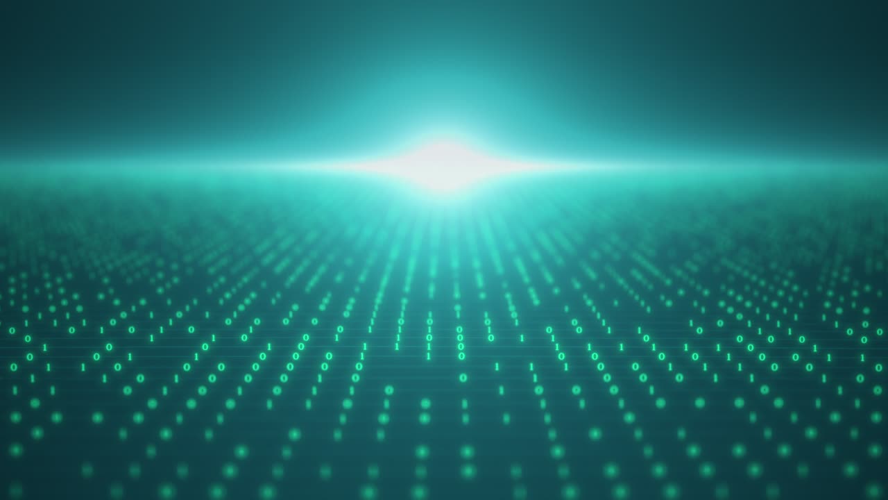 Flying over digital number code green color screen