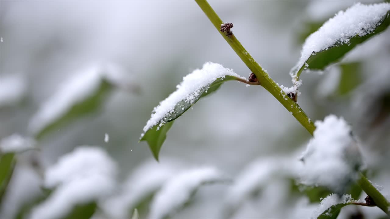 Snow capped green plants, leafs in winter, cold day with snowfall, static close up of the nature, small snowflakes