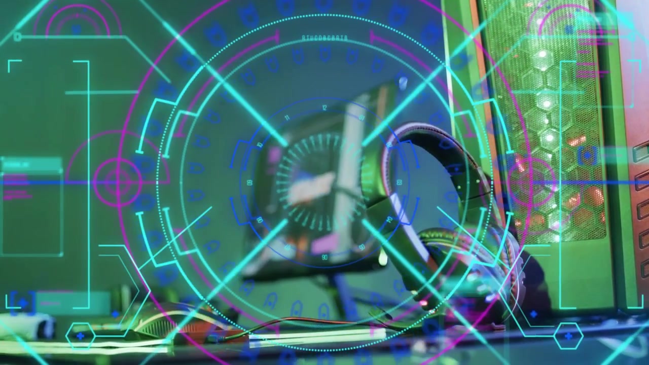 Neon-HUD ilmestyy kuulokkeiden ja tietokoneen ylle, sykkien ja pyörien samalla kun valitsin kohdistuu näyttöön.