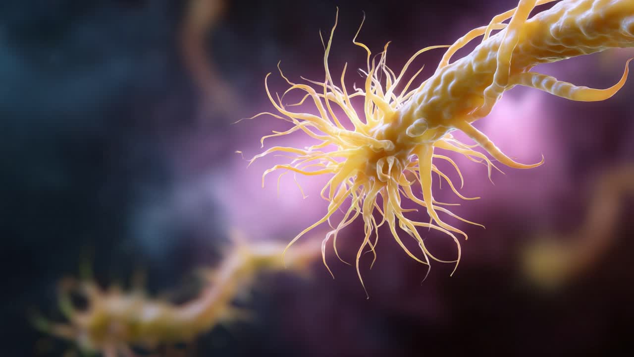 Detailed Close-Up Visualization of a Neuron with Dendrites Highlighting the Complex Structure and Connectivity of Nervous Tissue in a Biological Context