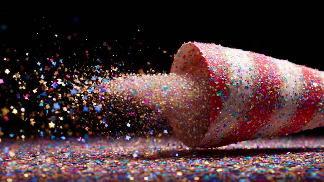 A Captivating Burst of Colorful Glitter Escapes from a Vibrantly Striped Cone, Creating a Dreamy and Magical Atmosphere of Celebration and Joy in Two Stunning Frames