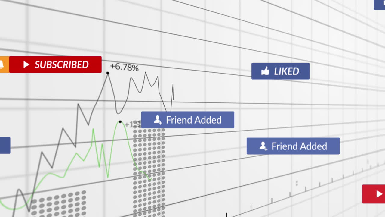 ⁇ 색 배경 위에 여러 그래프와 변화하는 숫자를 가진 알림 바의 애니메이션