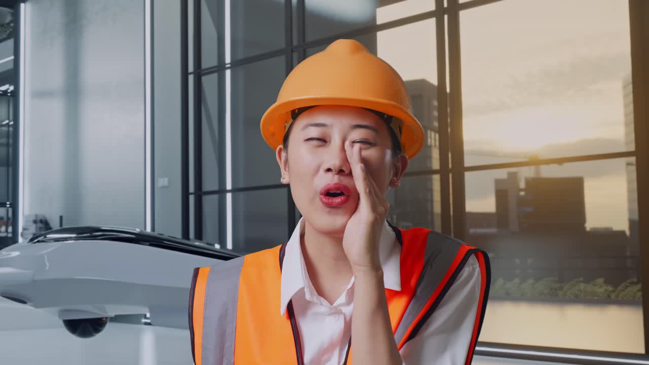 여성 엔지니어가 현대 사무실에서 대화하고 의사소통하고 있습니다.